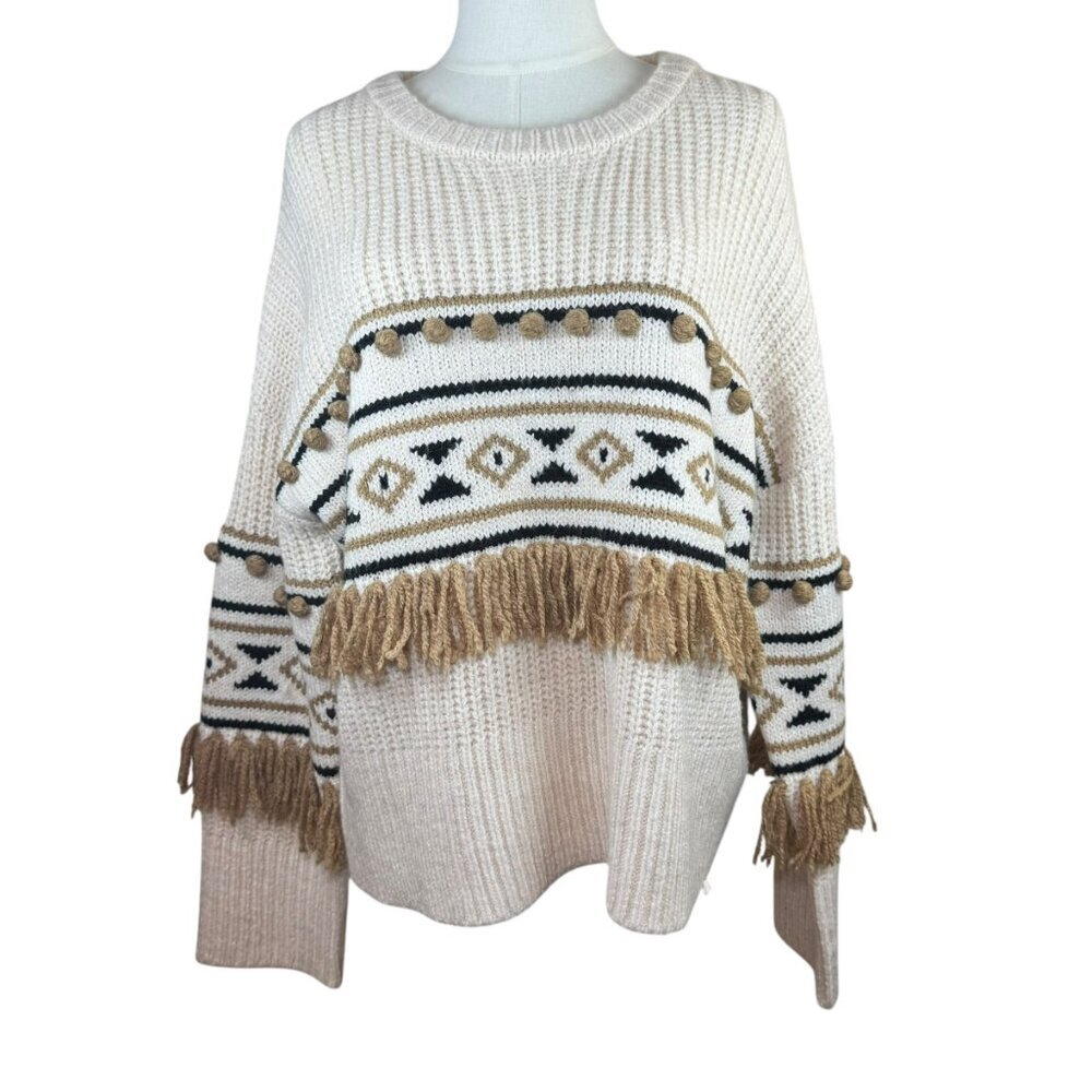 NWT Driftwood Fringe Pom Pom Aztec Sweater SZ: L Chunky Knit